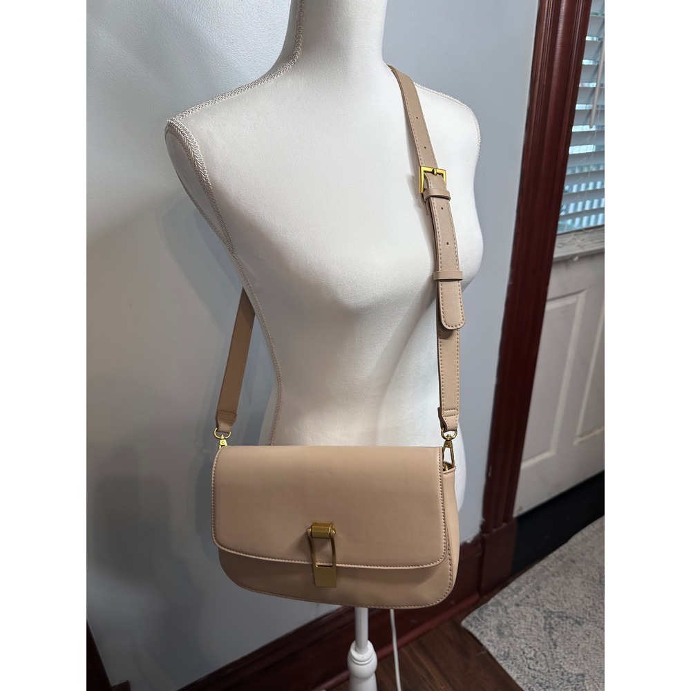 Rachel Zoe Beige Faux Leather Crossbody Bag Gold Hardware Flap Closure